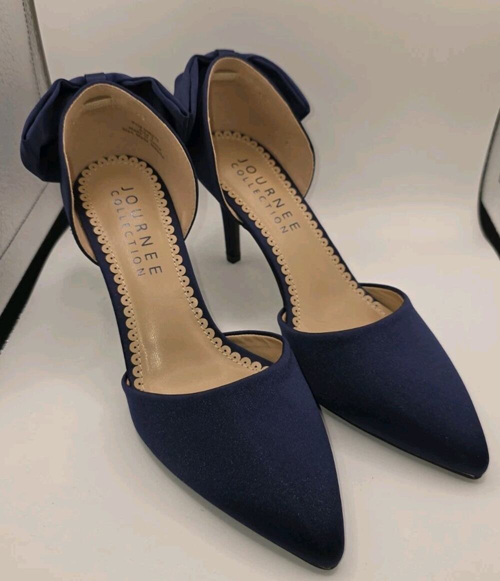 Journee Collection Navy Blue Satin Bow Pointed Toe High Heel Pumps Size 7